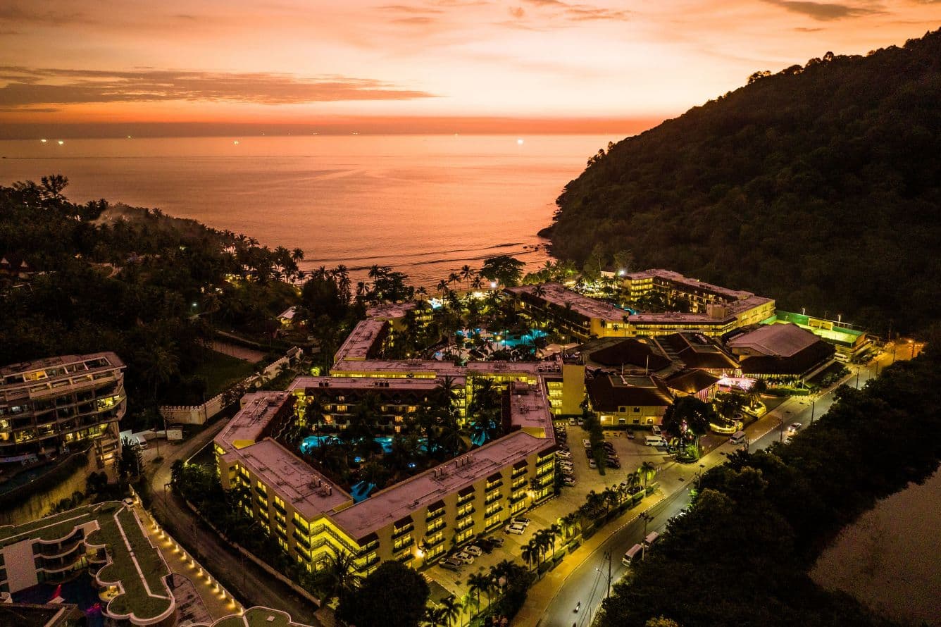 Sunset aerial view of the Marriott hotel in Phuket